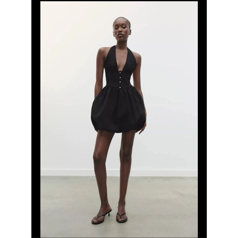 Black Halter Bubble Hem Mini Dress - Women